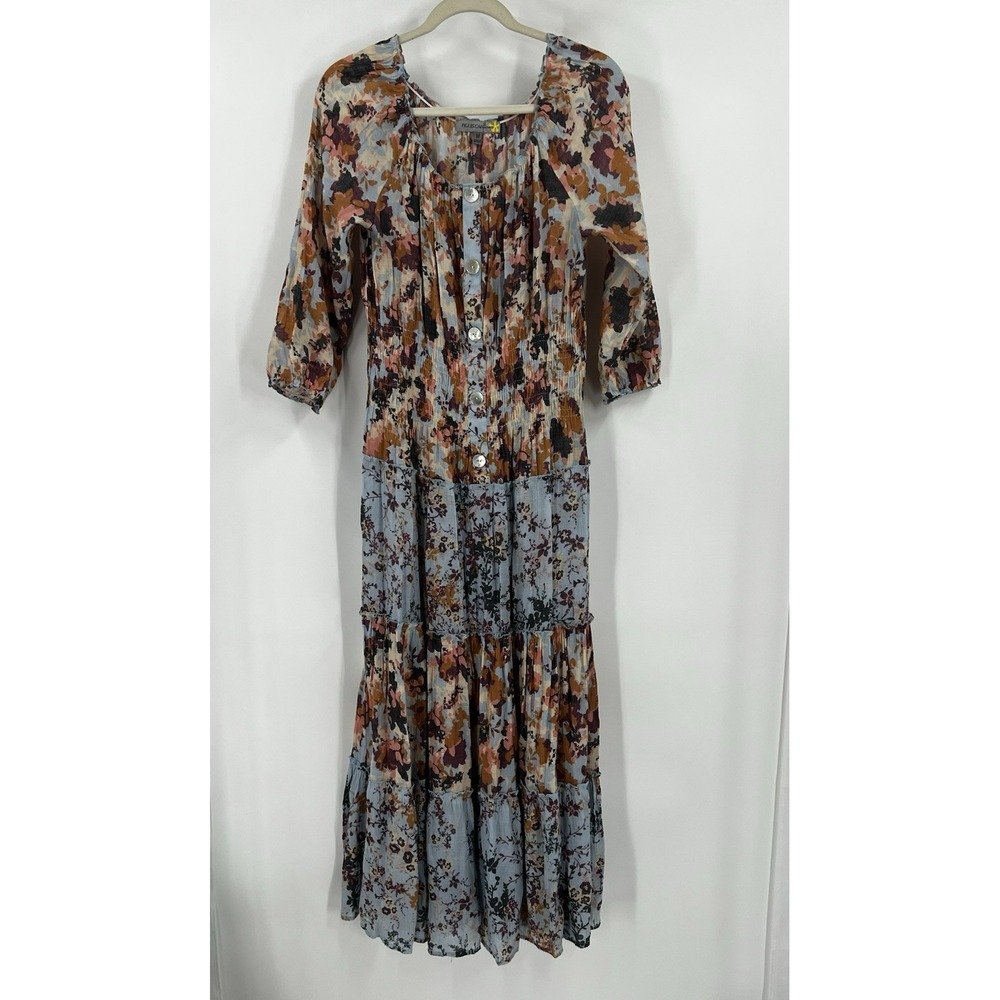 Boho Floral Tiered Maxi Dress Women's Size Medium Smocked Waist Peasant Teacher